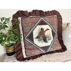 Vintage Duck In Reeds Decorative Pillow W/ Ruffles / Americana / Country Decor